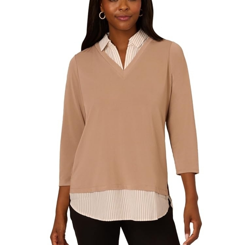 Adrianna Papell Women's Camel Blouse w/Striped detail Layering L Office Preppy